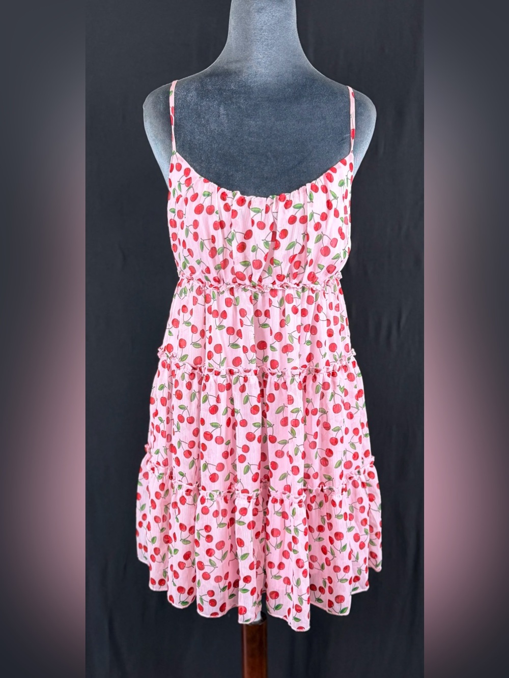 Trixxi Dress Pink Cherry Print Tiered Mini Smocked back whimsigoth Blokecore